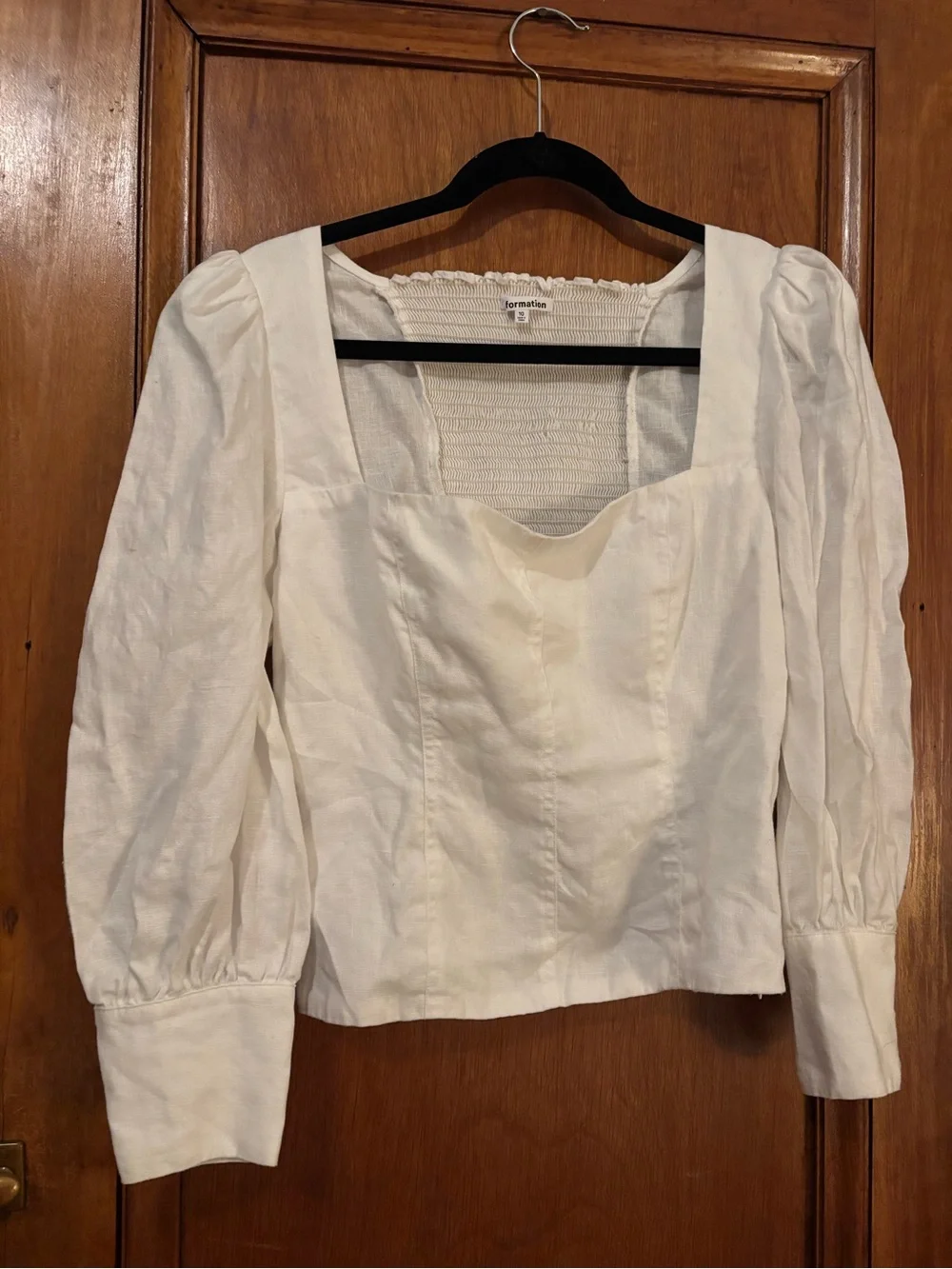 Reformation White Linen Square-Neck Puff Sleeve Blouse
